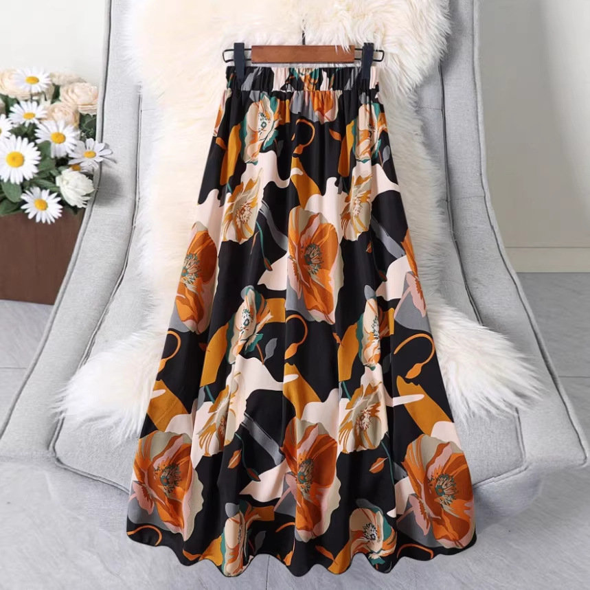 2025 Spring New Four-Way Stretch Printed Fabric New Pattern Small Floral Print Midi Skirt