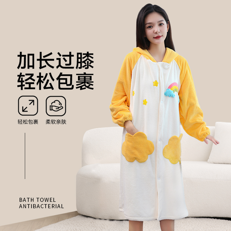 H1FW72X 목욕 가운 여성의 긴 잠옷 착용 가능한 목욕 수건 후드 목욕 플러스 사이즈 순수한 면화 흡수성보다