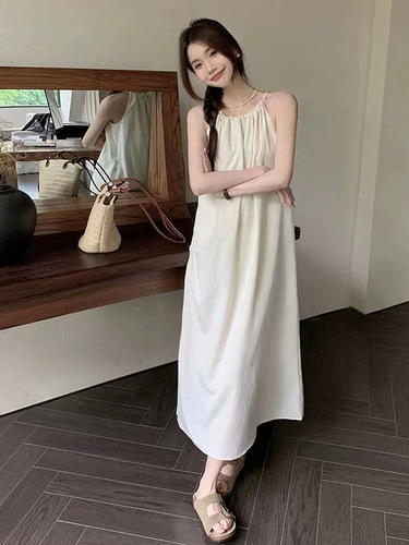 French suspender dress fairy summer sweet small fresh white dress seaside a-line loose sleeveless long dress
