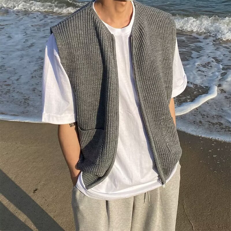 Loose Japanese Sweater Vest Men's Spring and Autumn Fashion Personalized College Style Waistcoat Zipper Knitted Cardigan Jacket Loose Japanese Sweater Vest Men's Spring and Autumn Fashion Personalized College Style Waistcoat Zipper Knitted Cardigan Jacket