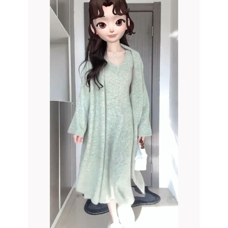 年春秋新款感气质女神范长款针织毛衣外套连衣裙两件套女|undefined