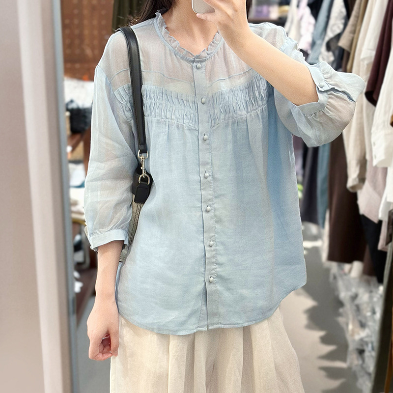 Sutin 100% Ramie French-Style Elegant Lace Collar Puff Sleeve Blouse for Women, Lightweight and Cool Pleated Shirt