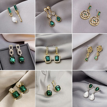 925银针几何复古祖母绿水滴珍珠链条镂空设计耳钉时尚耳环耳饰女