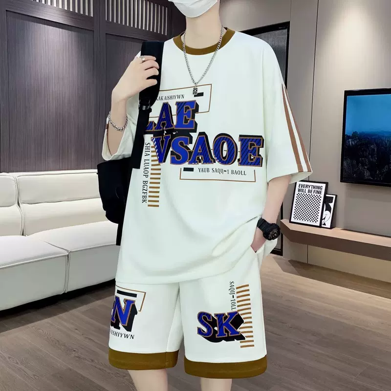 青少年短袖短裤套装男夏季潮流运动宽松T恤衫高中学生帅气两件套