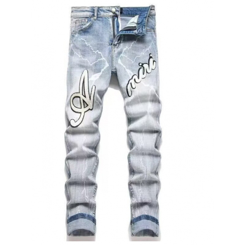 Foreign Trade Am Style Punk Retro Blue Ripped Slim Stretch Printed and Dyed Men's Jeans Wholesale