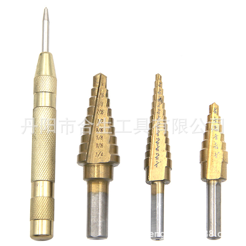三角柄英制直槽镀钛阶梯钻3件套小3pc 金色中心冲破窗器开孔套装