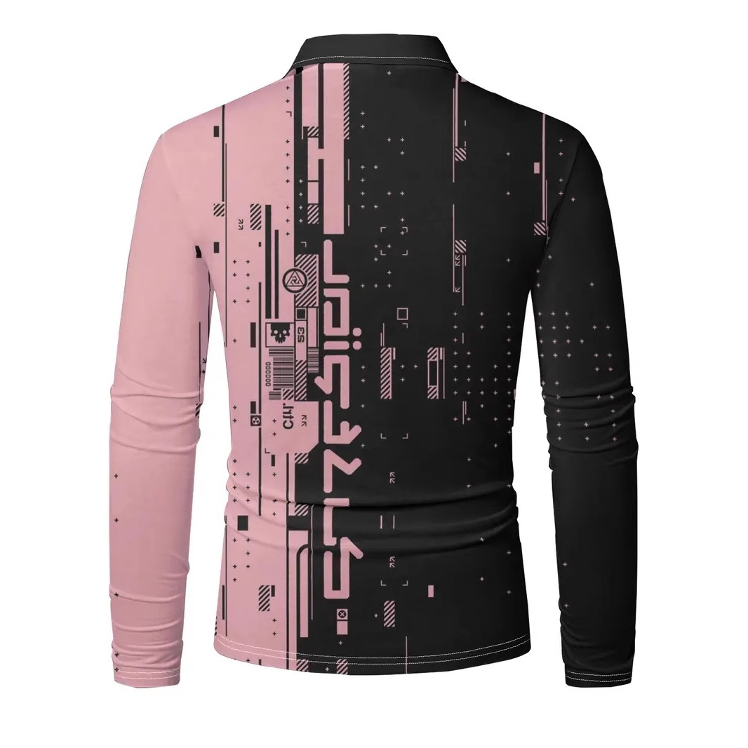 Tecnología geométrica patrón de color de contraste 3D impresión digital para hombres primavera y otoño suelta transpirable manga larga botones cuello POLO camisa