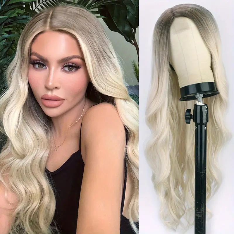 Perruque pour femme de style européen/américain, avec raie sur le côté, mèches fines en dentelle, cheveux longs et bouclés en fibres synthétiques._voghion.com