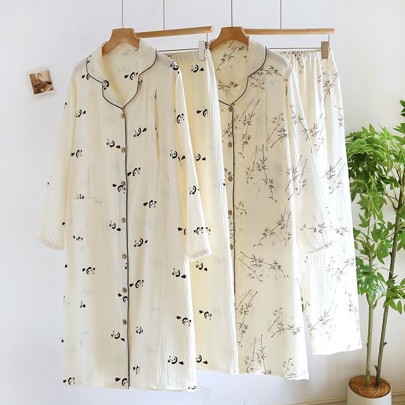 Pregnant Women's Two-Piece Dress for Delivery National Style Spring and Autumn Postpartum Nursing Nightgown Cotton Crepe Moon Dress Pants suit Summer