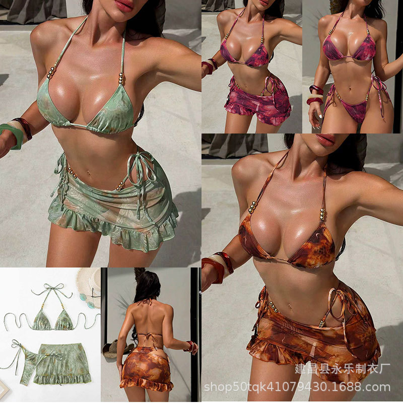 2026 Aliexpress Amazon Women's Printed Three-Piece Swimsuit Sexy Bikini Bikiniws8005