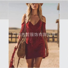 2026跨境欧美亚马逊西部复古鹿皮绒流苏吊带迷你连衣裙收腰麂皮绒