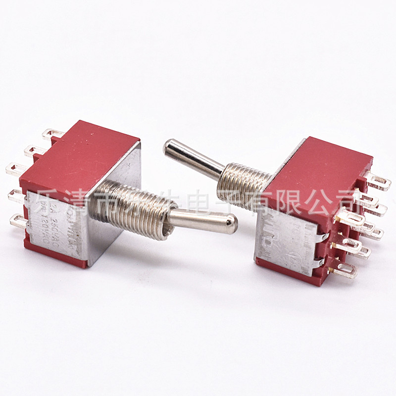 开孔6MM钮子开关9脚3档 插脚 ON OFFON 银点MTS-303 红 摇臂开关
