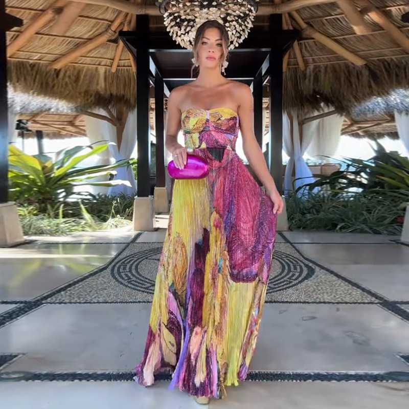 2025 Summer New European and American Amazon Cross-Border Export Women's Printed Tube Top Slim Holiday Style Dress