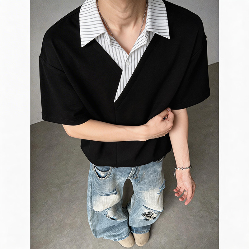 Summer V-neck faux two-piece color-blocked striped men's short-sleeved shirt with a cool and casual vibe.
