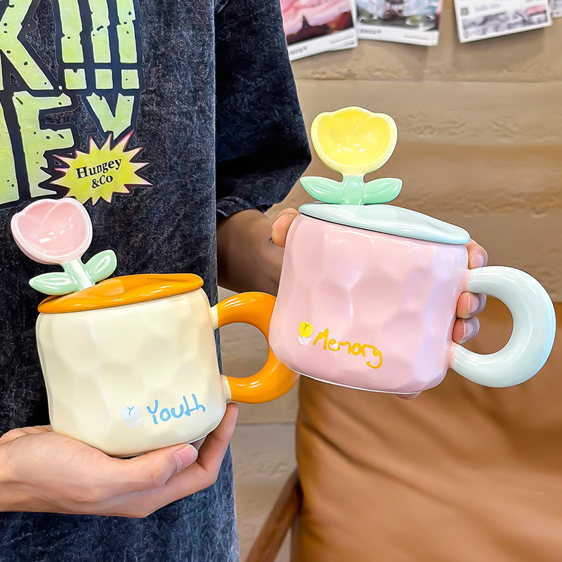 ミルクfufu花カップ高颜値女子マグカップ蓋付きスプーン家庭用セラミックカップ朝食コーヒーカップ|undefined