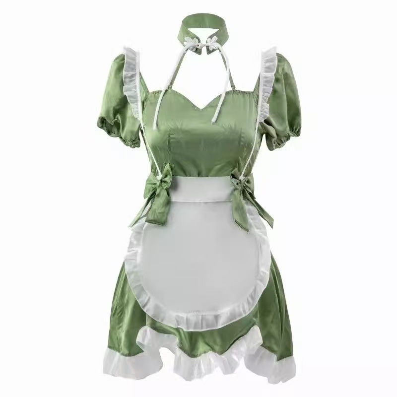 Chinese-Style Cheongsam Maid Costume Set with Green Bamboo Print, Halter Neck Dress, Apron and Thong — detail image 6