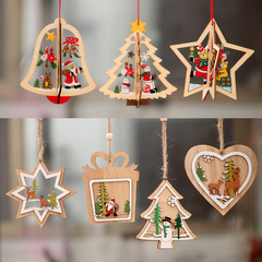 クリスマス装飾木製クリスマスレーザー中空クリスマスツリーペンダント木製五芒星ベルペンダントギフト