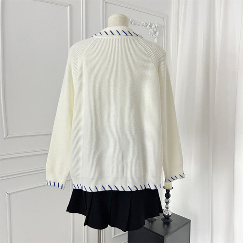 YUNSHU Korean Version Hand-Painted Color Block Sewn Collar Knit Sweater Cardigan for 2025 Autumn-Iceland Blue Loose Minimalist Style