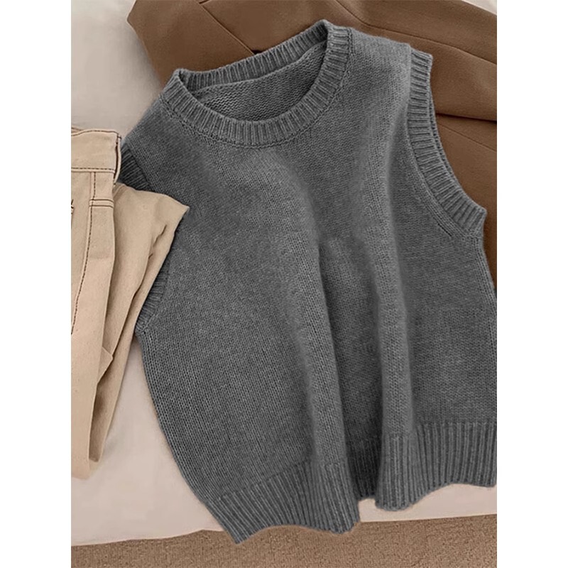 Gray Spring & Fall New Pullover Knitted Sweater Vest for Women Winter Outer Shirt Layered Sleeveless Short Korean Style Vest