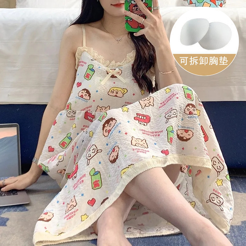 Pijama de verano de mujer dulce colgante cojín de pecho de algodón tejido sexy burbuja tela arrugada bordilla pijama de mujer lindo vestido