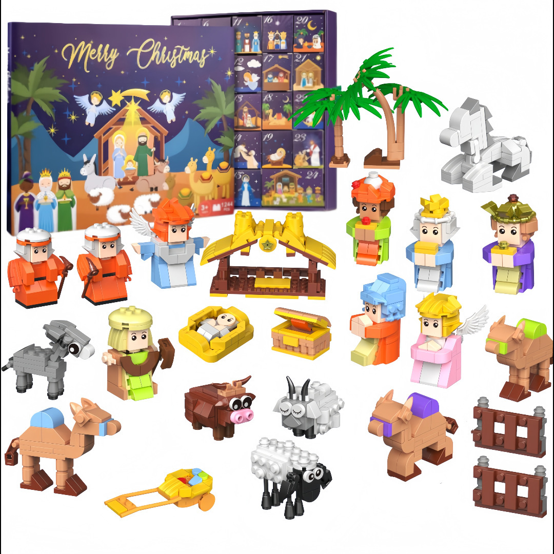 Bloques de construcción transfronterizos Calendario navideño Caja ciega Cuenta atrás 24 cuadrículas Coche de bricolaje para niños Bloques de construcción de dinosaurios Caja ciega rasgada a mano