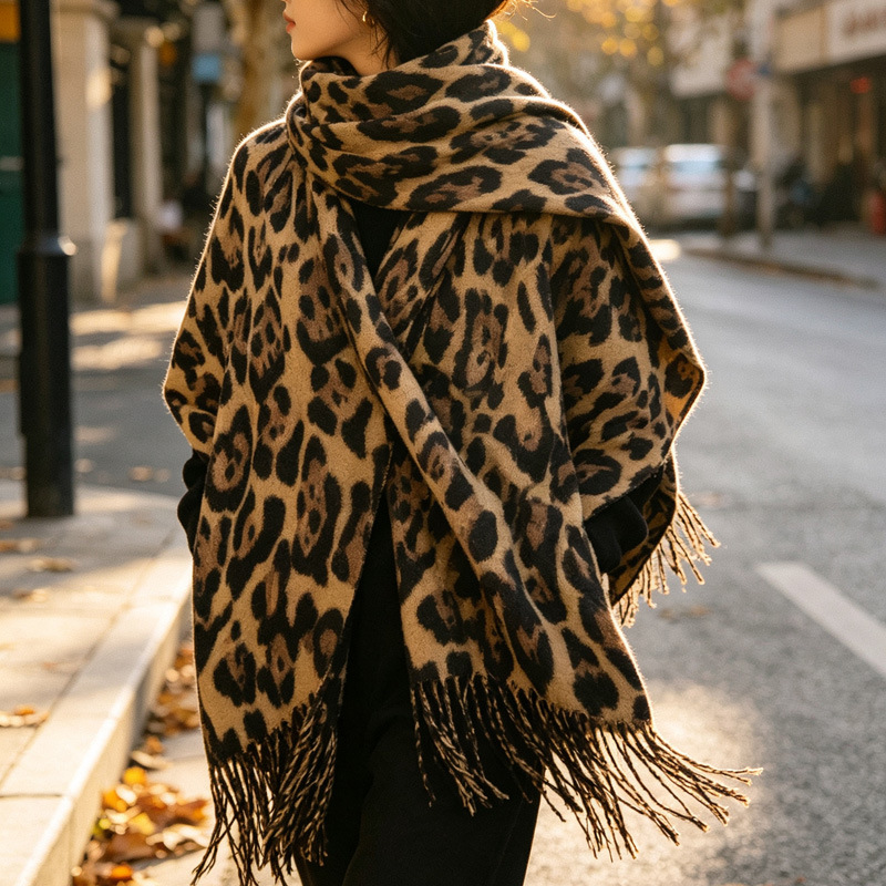 Bufanda Chal de Leopardo para Mujer de Imitación de Cachemira Térmico con Borlas para Interior y Exterior image 3