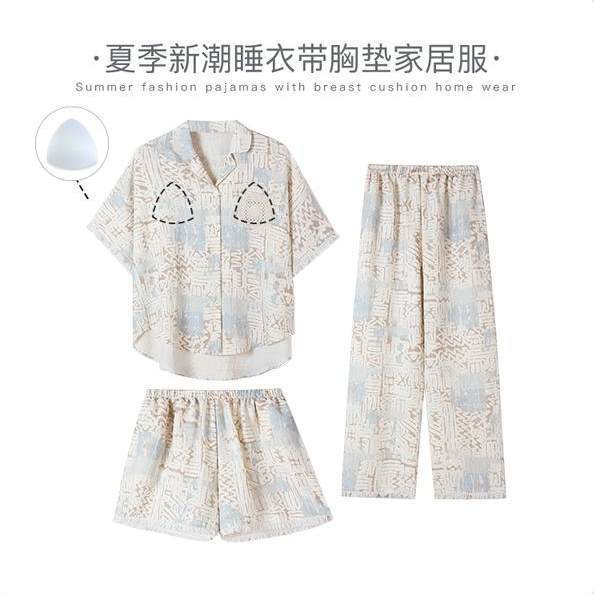 Liyin Niche Designer's New Bubble Cotton Women's Pajamas, Summer Short-Sleeved, Suitable for Going Out, Home Wear Three-Piece Set