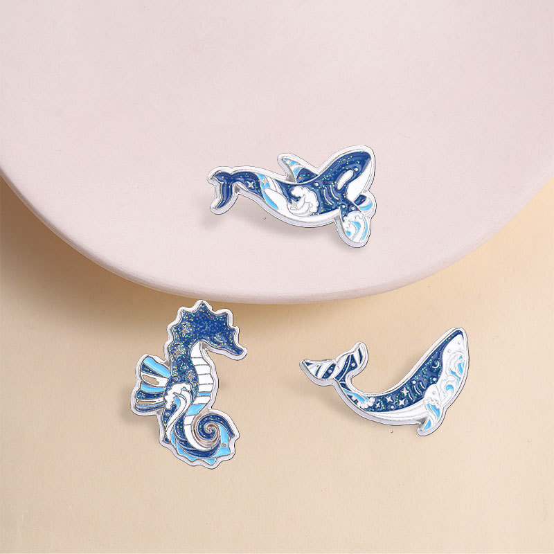 Blue ocean animal brooch: whale, orca, seahorse, ocean waves, glitter metal badge accessory