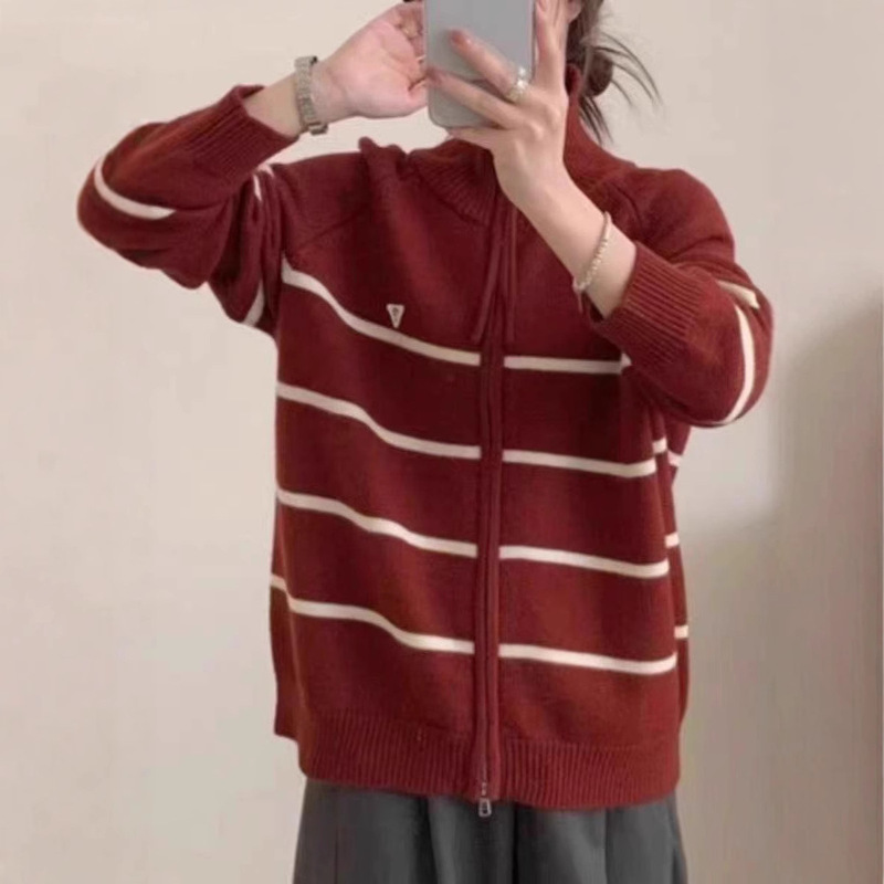 撞色条纹半拉链毛衣女韩版宽松慵懒简约复古风翻领长袖针织衫上衣|undefined