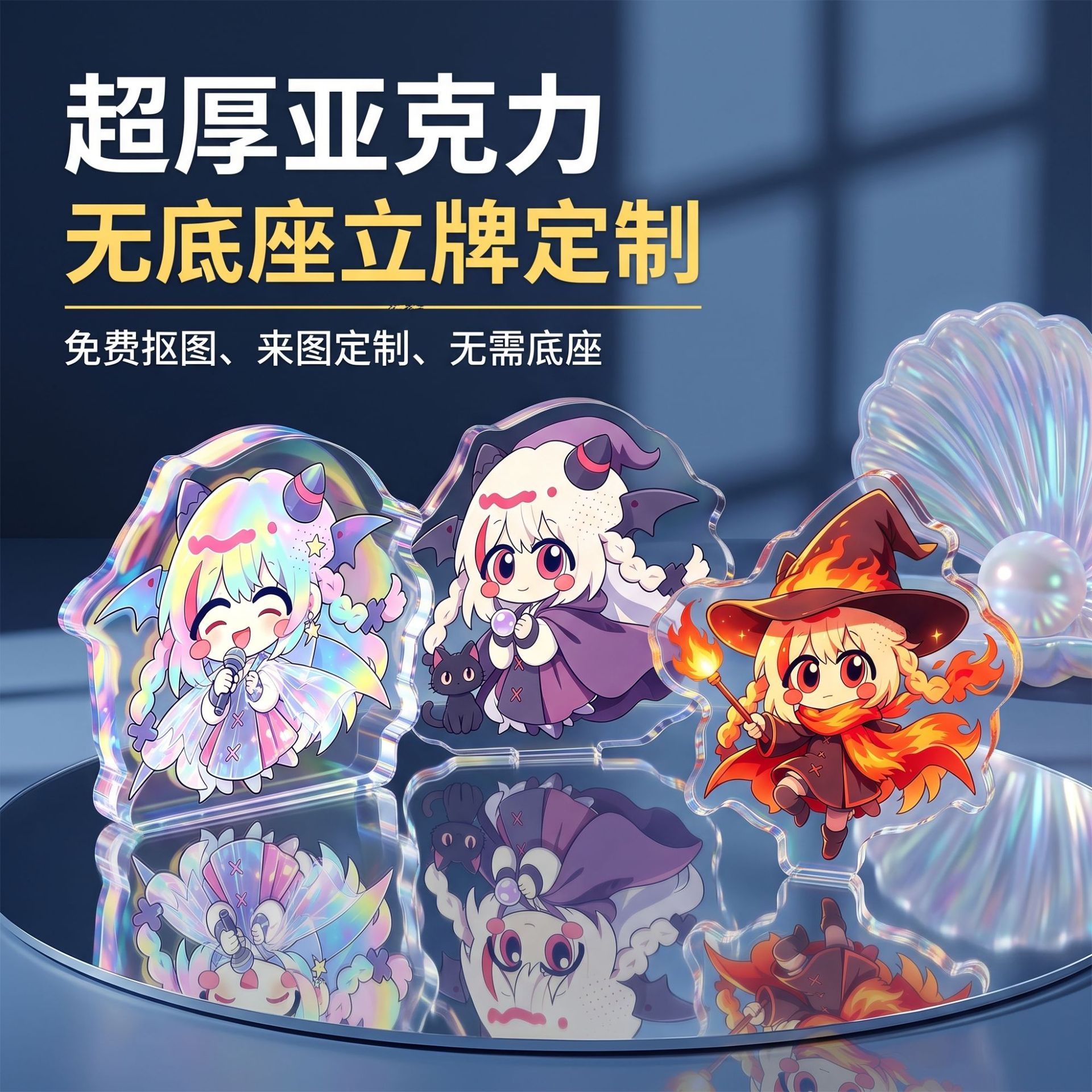 Custom acrylic standees without a base, featuring anime characters, double-sided, with vibrant colors, suitable for corporate IP, tourist attractions, and cultural and creative products