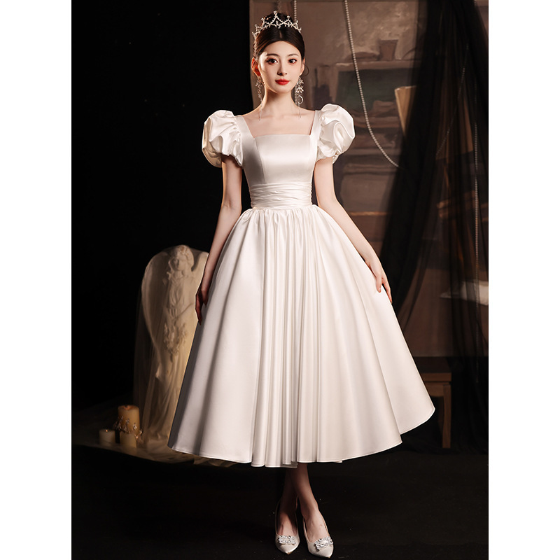 Short Evening Dress for Women 2026 New Style High-End Satin Puff Sleeve Tutu Skirt Bride White Wedding Travel Photography High-End