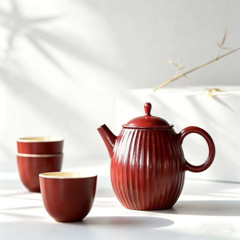 Mr. Qing's Forbidden City Red Vertical Pattern Hand-Painted Kiln Tea Pot Retro Tea Maker Japanese Coarse Pottery Kung Fu Tea Set