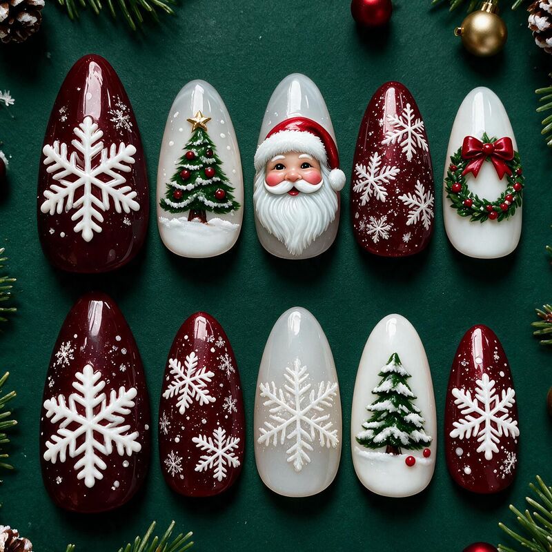 30 pieces of Christmas manicure, medium-long almond-shaped nails, European and American fashion, popular foreign trade wearable nails