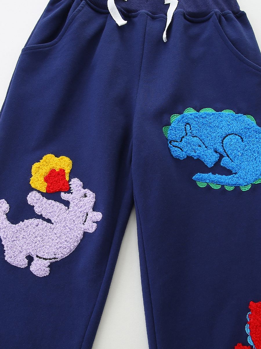 Otoño nuevos pantalones para niños estilo europeo y americano moda pantalones para niños dibujos animados dinosaurio toalla bordada pantalones deportivos para niños image 6