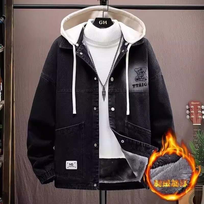 2026 Autumn and Winter Fleece-Lined Thickened Denim Jacket for Boys, New Trendy Hooded Jacket for Students, Men's Clothing