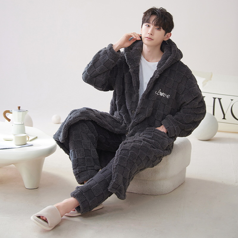 Camisón de invierno los hombres coral fleece cálido engrosada estilo coreano simple con capucha franela pijamas homewear traje