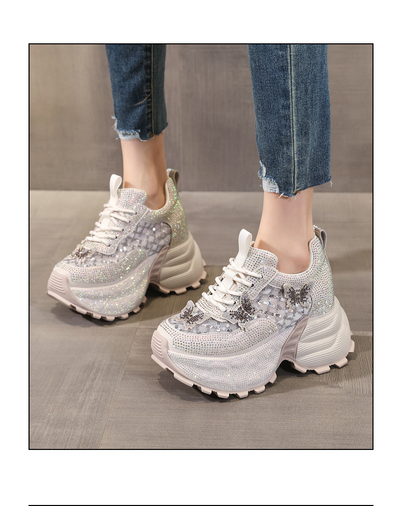 Giày sneaker nữ chunky đế dày đính đá pha lê thời trang — màu be chi tiết 16