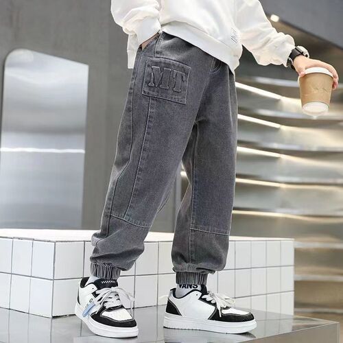 Children's Elastic Denim Pants Spring and Autumn Style 2025 New Arrival Boys and Young Teenagers Winter One-piece Fleece Pants