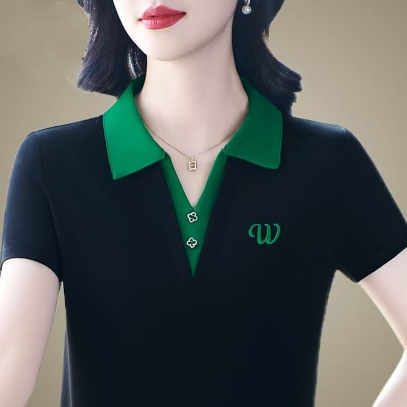 【1094# M-4XL/5 colors】Women's Short-Sleeve T-Shirt Summer Fashionable Mother's Polo Shirt Loose Fit Versatile Embroidered Top