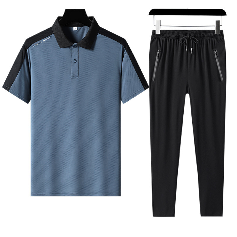 Traje deportivo para hombres de verano de mediana edad casuales de hielo de manga corta polo camiseta pantalones largos grandes secado rápido dos piezas