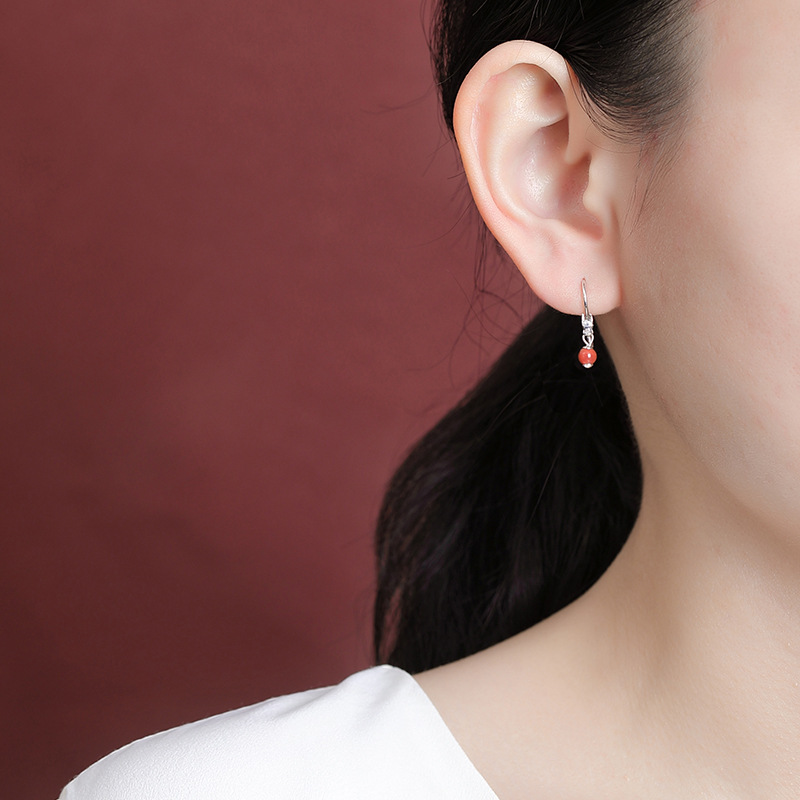 Bông tai móc bạc S925 hạt ngọc trai nước ngọt phong cách cổ điển họa tiết phượng hoàng — Mẫu phượng hoàng đỏ nam