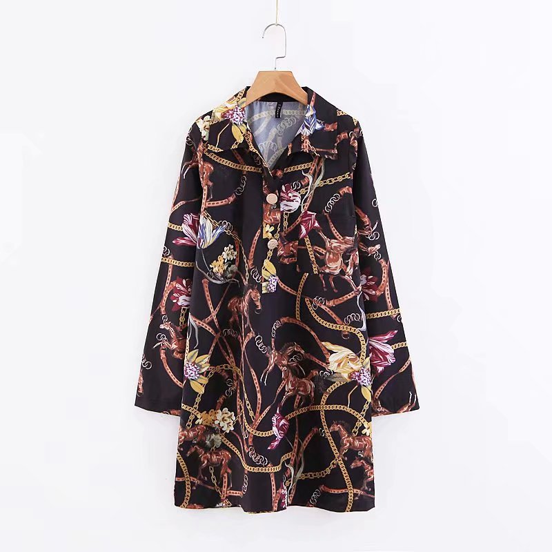 retro ethnic style print lapel pullover loose long sleeve dress NSAM6346