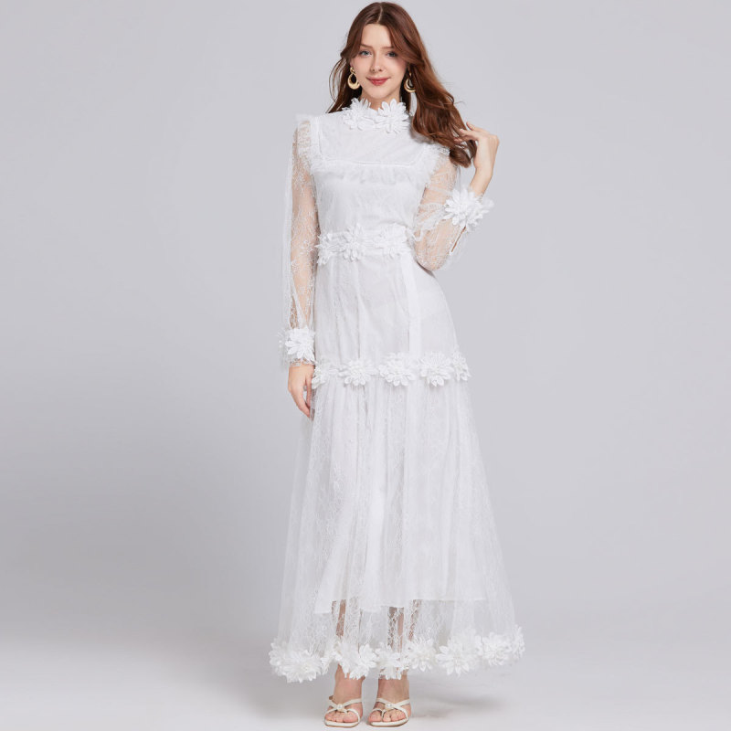 Real Shot of Stereo Flower Embroider Boutique Lace Large Hem Dress Elegant Heavy Industry Maxi Dress 2 Colors Real Shot of Stereo Flower Embroider Boutique Lace Large Hem Dress Elegant Heavy Industry Maxi Dress 2 Colors