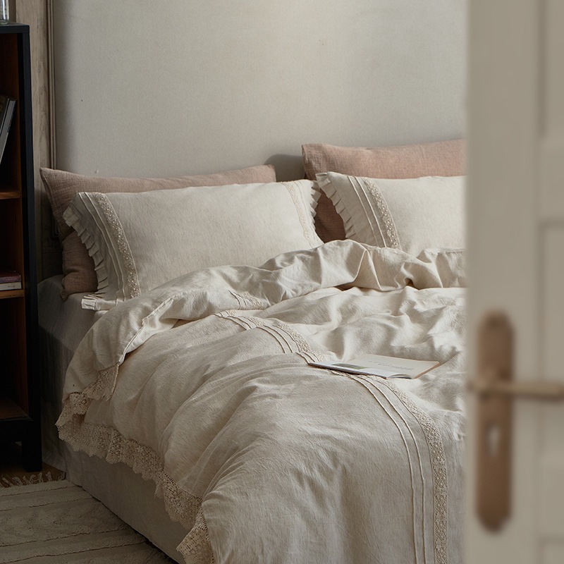 Conjunto de cama e capa de edredom em algodão e linho tencel com renda, estilo boho vintage francês nórdico, tamanho P._voghion.com