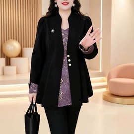 跨境外贸大码假两件中长款上衣春秋季女新款优雅修身显瘦时尚上衣