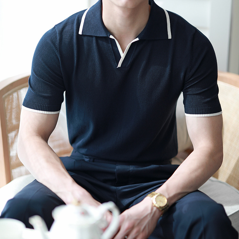 Summer Polo Shirt Men's Trendyy Brand Led T-Shirt Men's Short-Sleeved Japanese Style Handsome Pure Color Versatile Knitted Top t