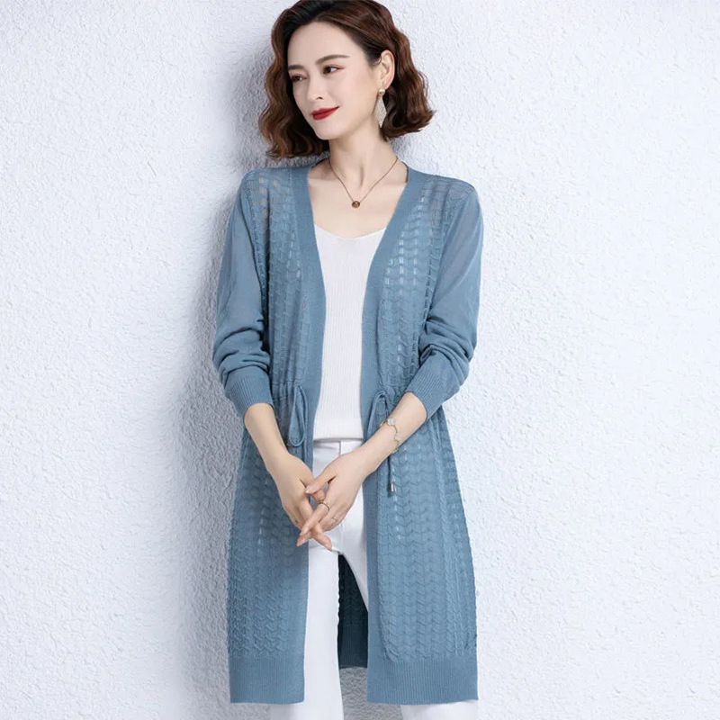 韩版镂空抽绳冰麻针织衫薄款防晒外搭女春夏新款中长款冰丝开衫女
