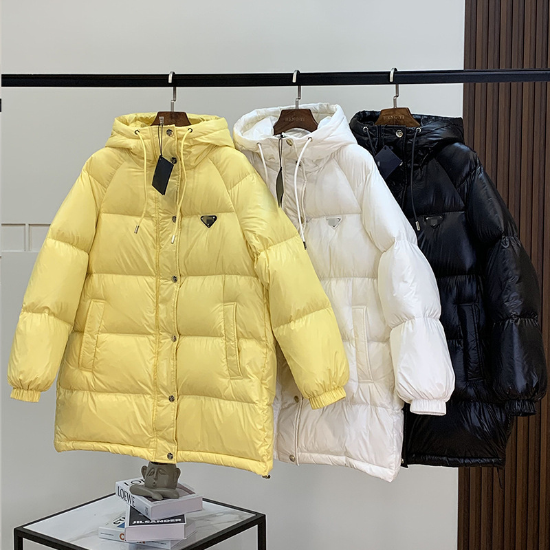 Women's Winter White Goose Feather Quilted Jacket Casual Straight Thickened Hooded Jacket Yellow Light Warm Down Jacket