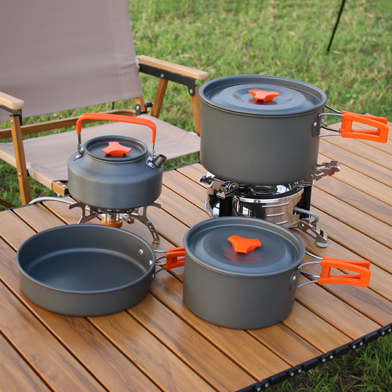 Outdoor Cookware 4-6 People Camping Picnic Four-piece Set Boiling Pan Frying Pan Teapot Camping Cookware Set Picnic Kitchenware