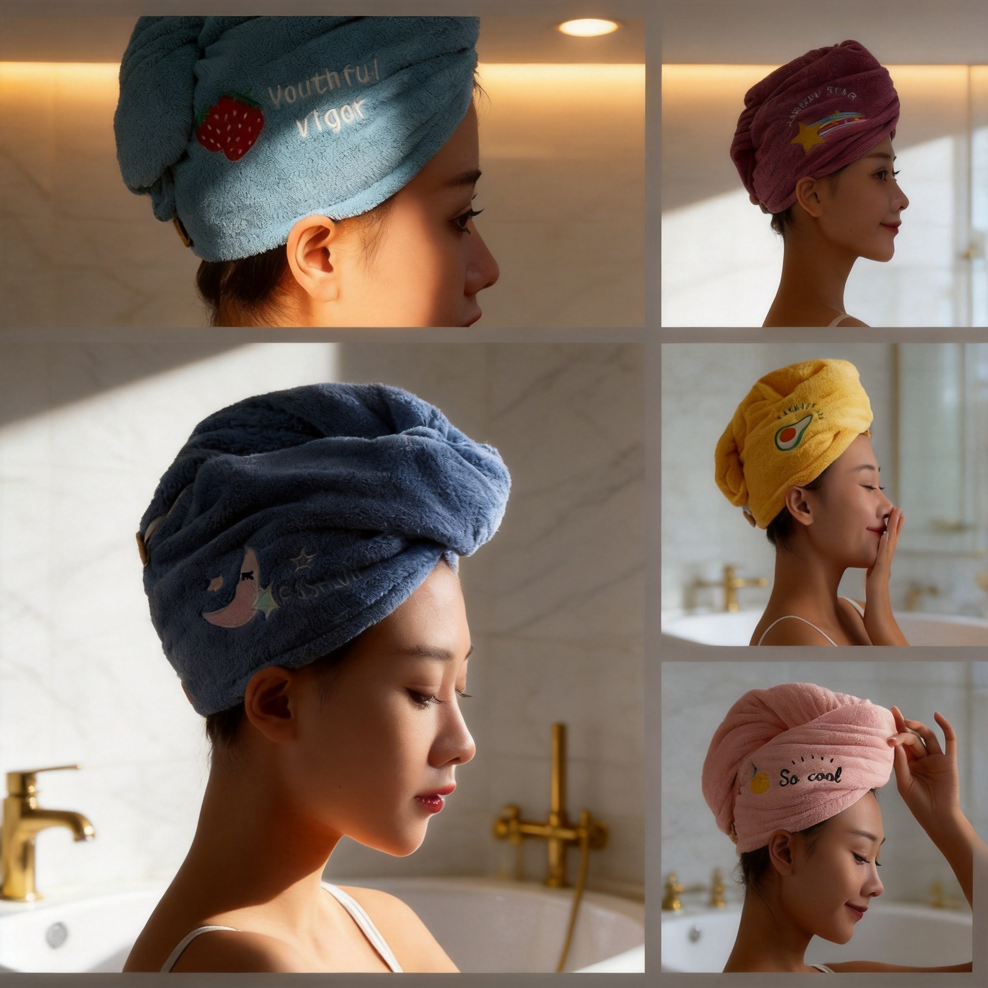 Cross-Border Hot-Selling Embroidered Quick-Dry Hair Cap, Highly Absorbent Coral Fleece Shower Cap for Women, Polyester Coral Fleece Head Wrap Shower Cap
